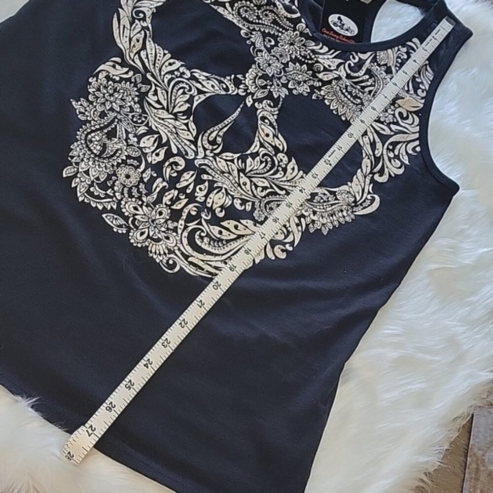 VOCAL Black Ivory Rhinestone Paisley Floral Skull‎ Graphic Biker Punk Tank Top L - Picture 8 of 8